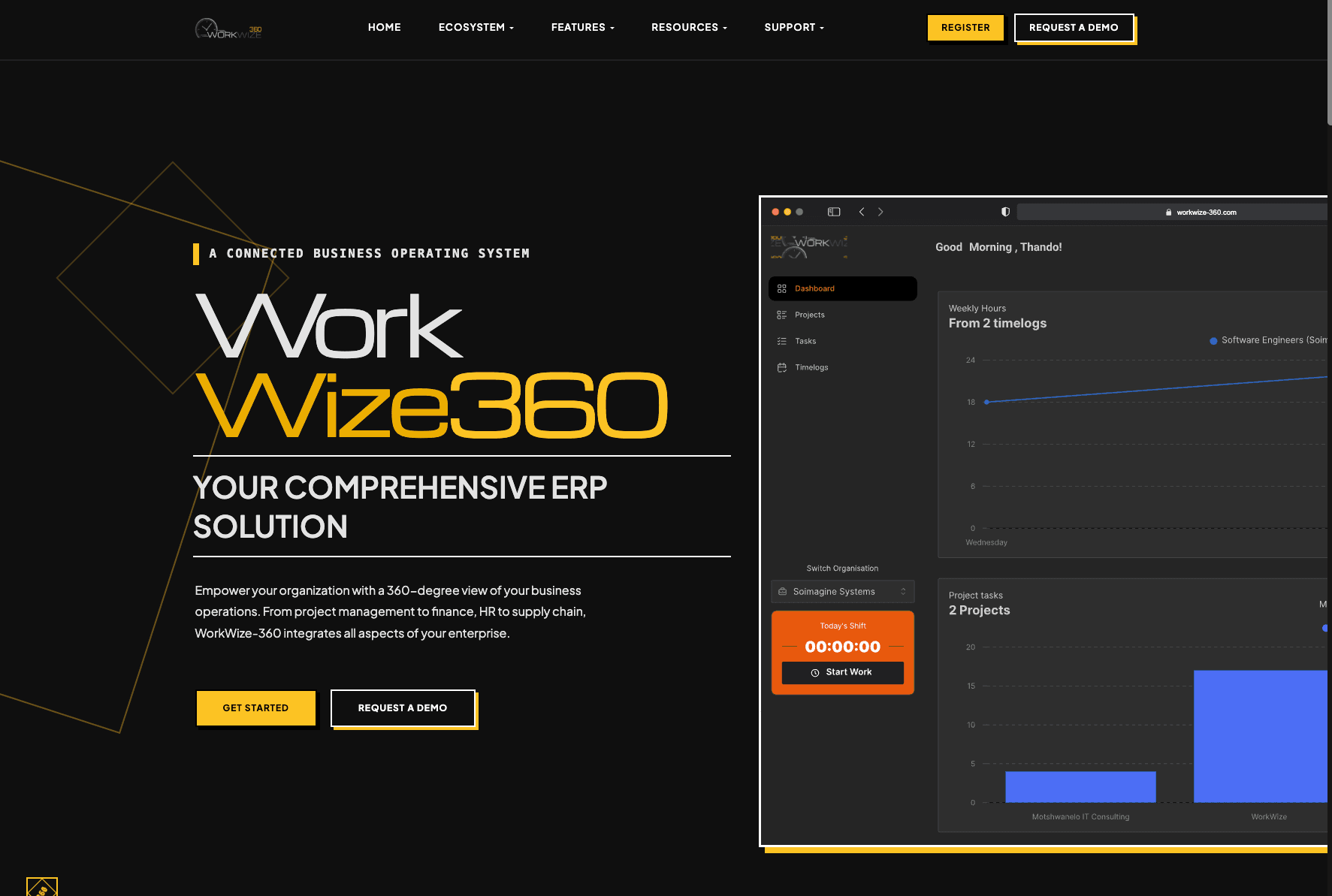 WorkWize 360 landing page and dashboard